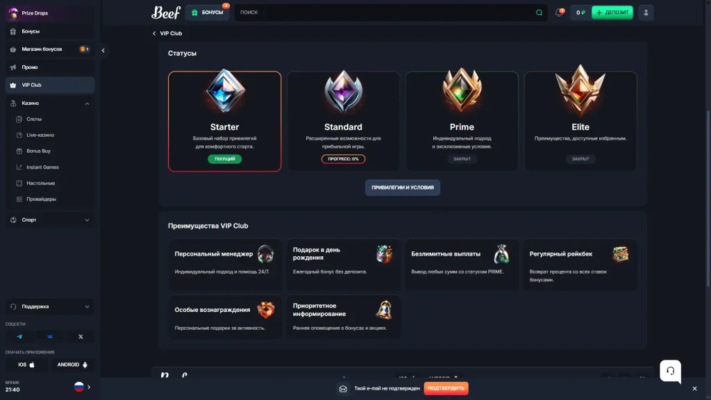 Программа лояльности VIP Club Beef Casino — статусы Starter, Standard, Prime и Elite с персональными привилегиями