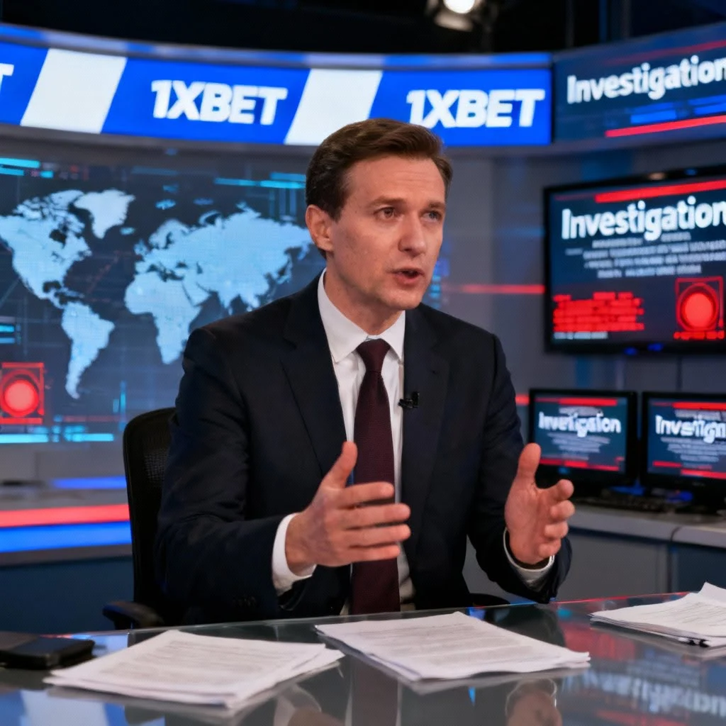 Репортёр на фоне логотипа 1xBet сообщает о мошенничестве и невыплате выигрышей. Как в России уничтожили 1xBet