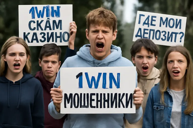 Группа школьников с плакатами 1Win мошенники, скам казино, где мой депозит